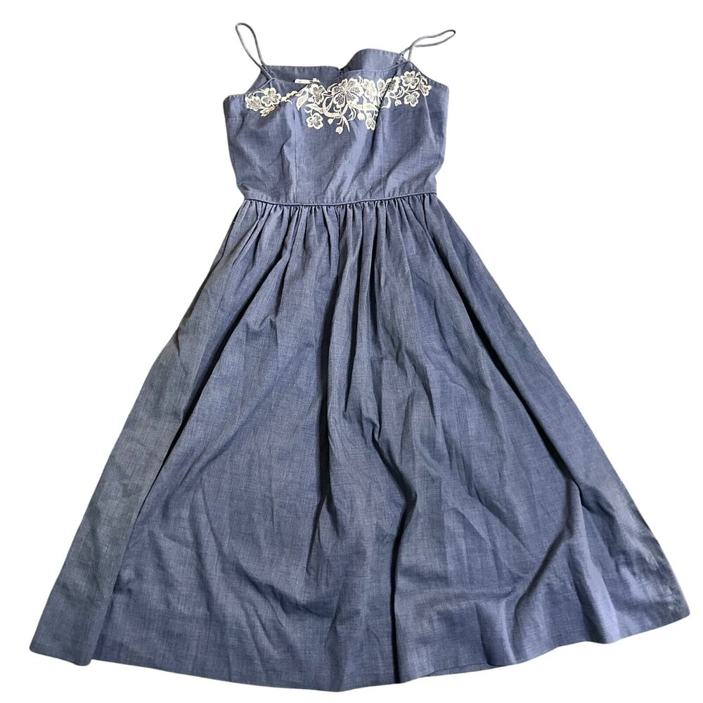 Vintage Serbin by Muriel Ryan Dress Blue Chambray White Embroidery Small